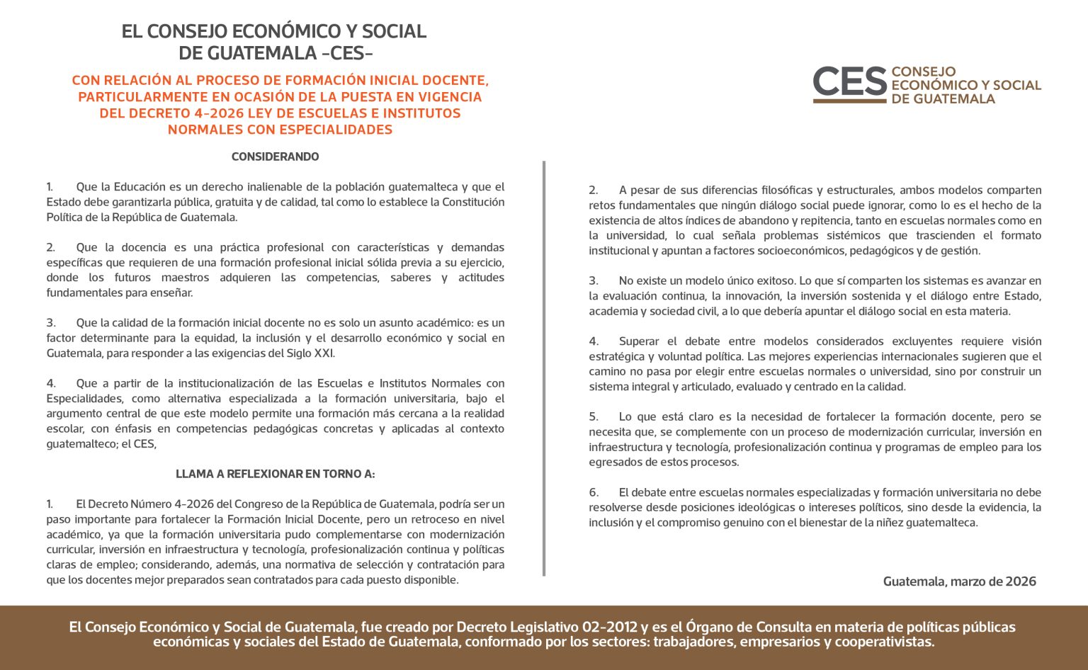 Comunicado marzo 2026 – Consejo Económico y Social de Guatemala